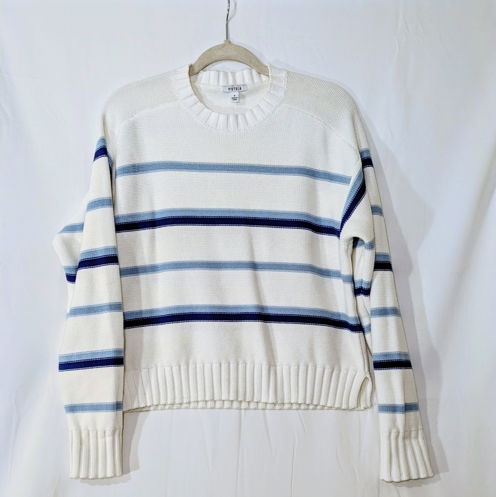 Pistola Adina Blue/White Waffle Knit Crew Neck Sweater